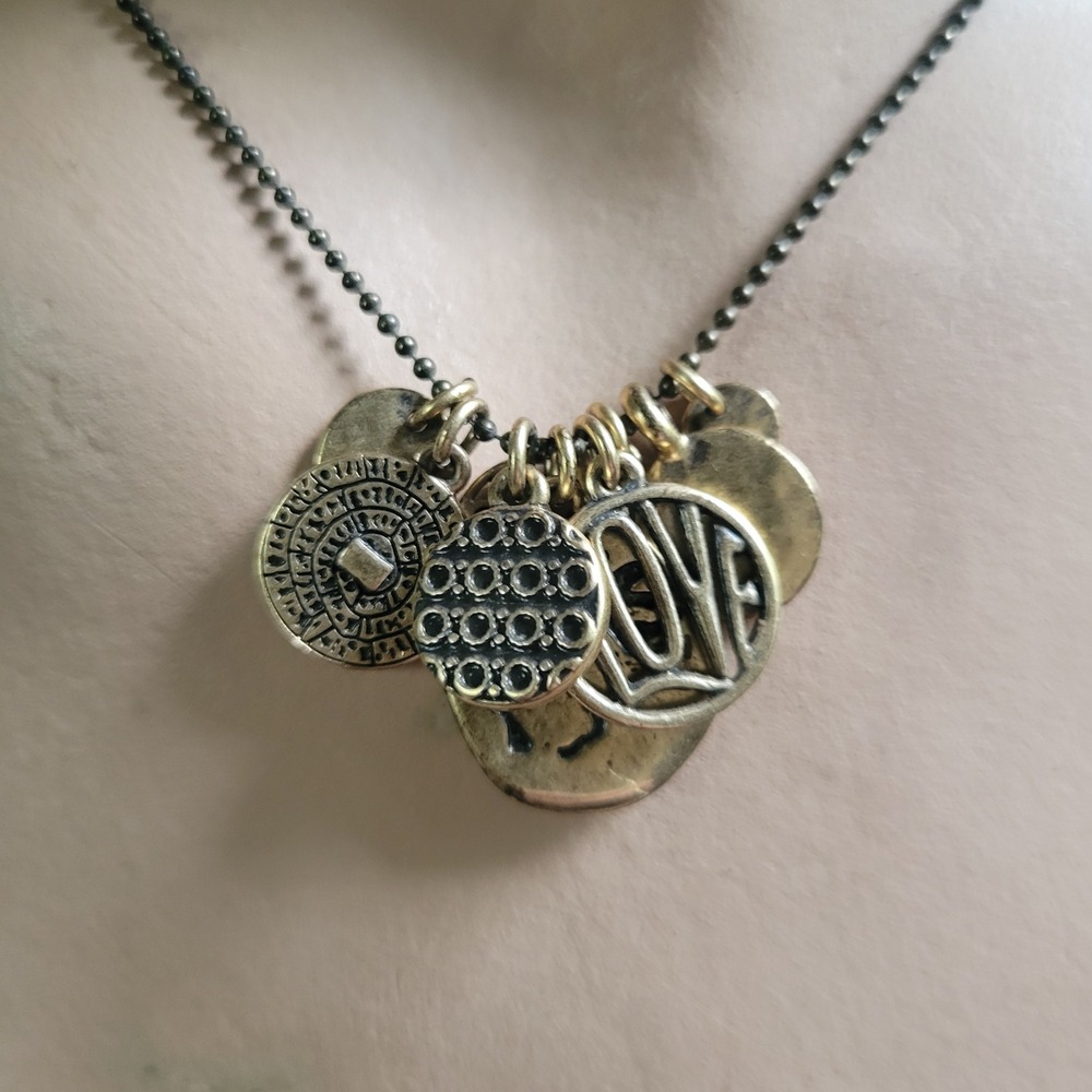 Lucky Brand Boho Mixed Coin Charm Love Necklace Brass Gold Tone 18" - Picture 4 of 6